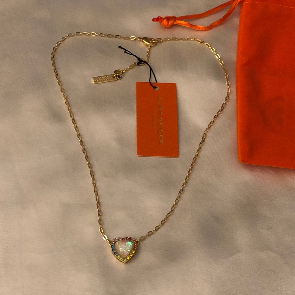 Kurt Geiger London Gold Tone Opal Heart Rainbow Crystal Pendant Necklace NWT - Picture 6 of 14